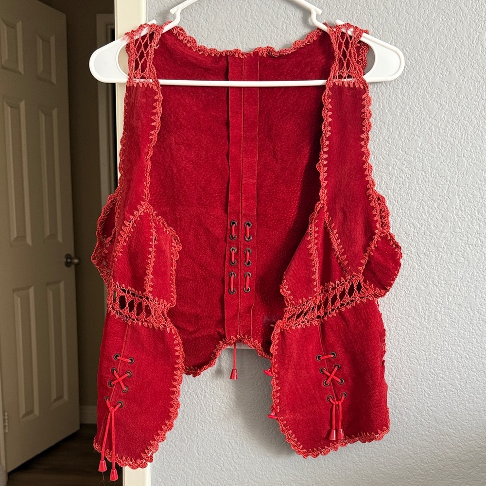 Red Lace-Up Suede Crochet Vest
